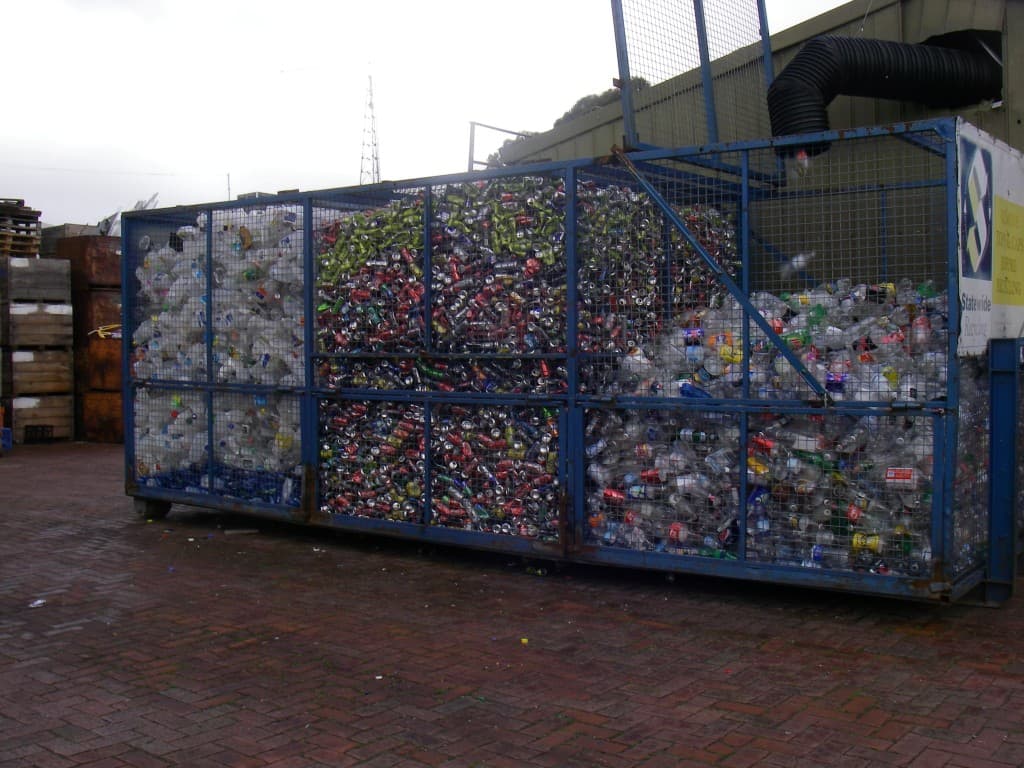 Plastic bottles and aluminium cans ready for recycling at Newton Recycling Centre